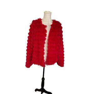 Shaggy Red Flurry Open Front Jacket Lightweight Fall Fashion Party Photoshoot M